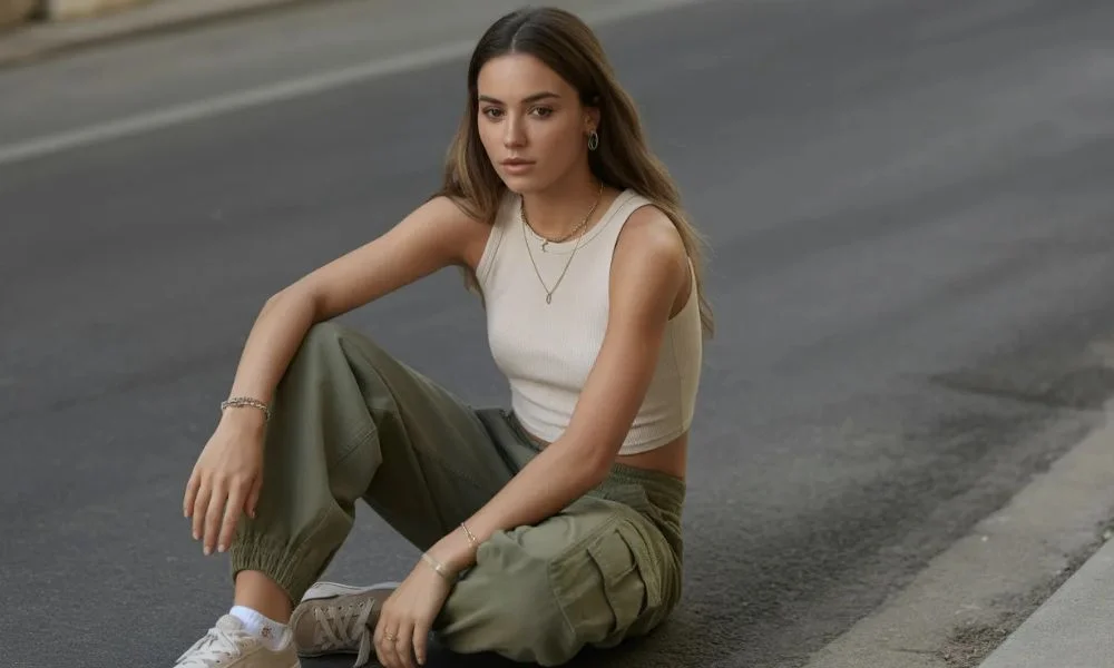 Cargo styles look even better with soft feminine pieces