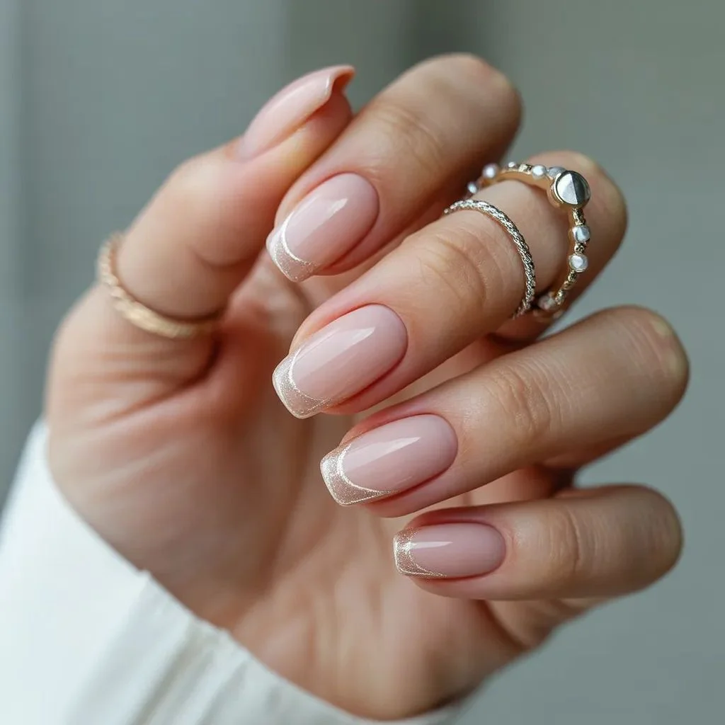 Glossy Nude With Soft Cat-Eye Accent Nails