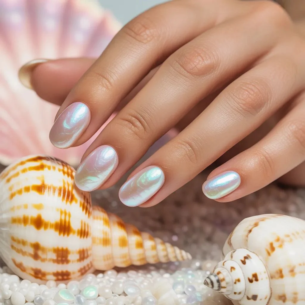 Pearly shell nails with a soft mermaid finish