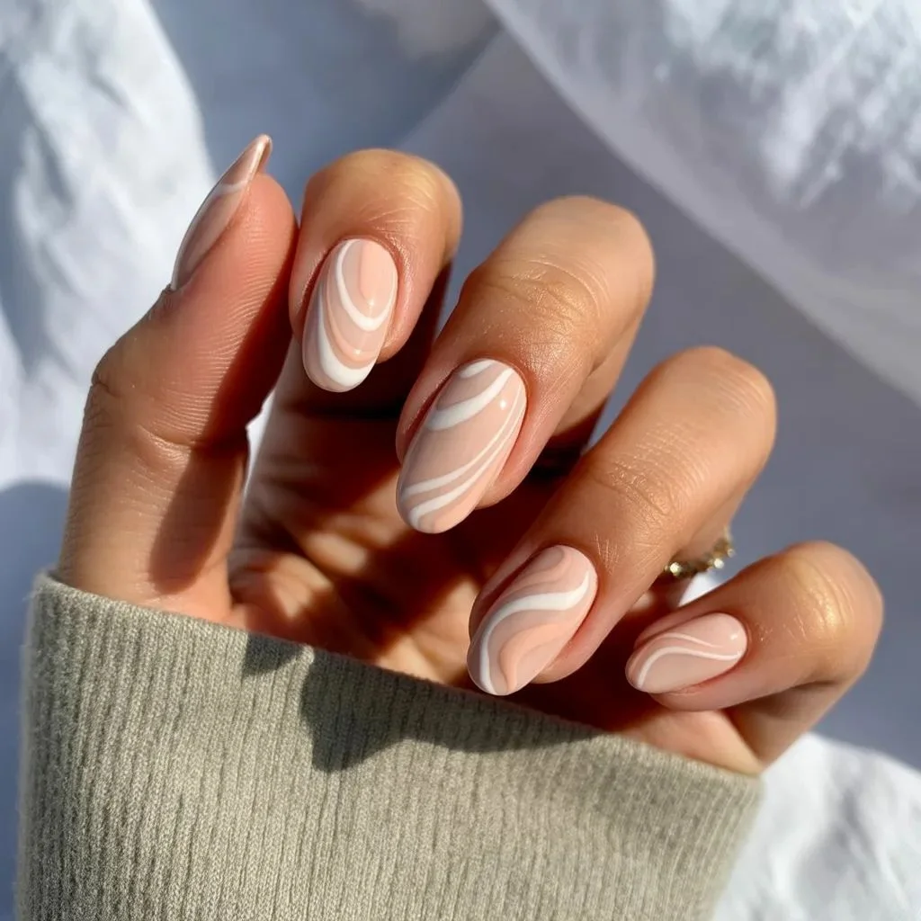 Sandy Beige Nails With White and Peach Swirls