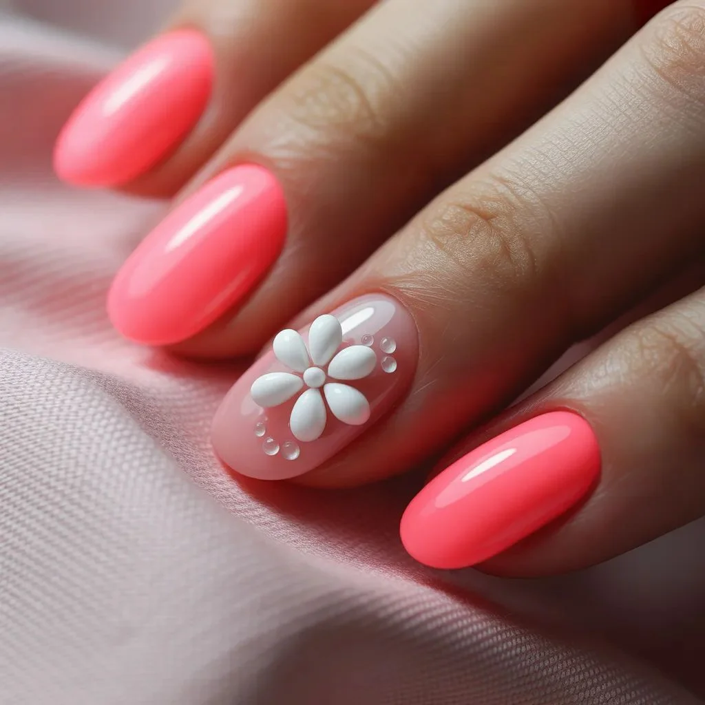 3D Floral Neon Pink Nails