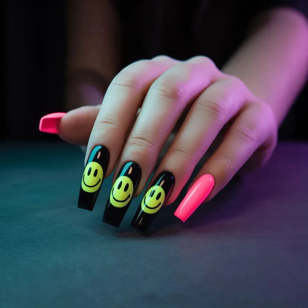 Black Base Neon Smiley Face Nails
