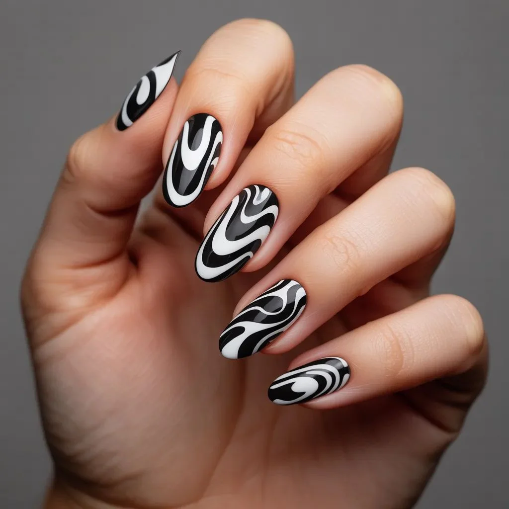 Black and White Abstract Swirl Nails