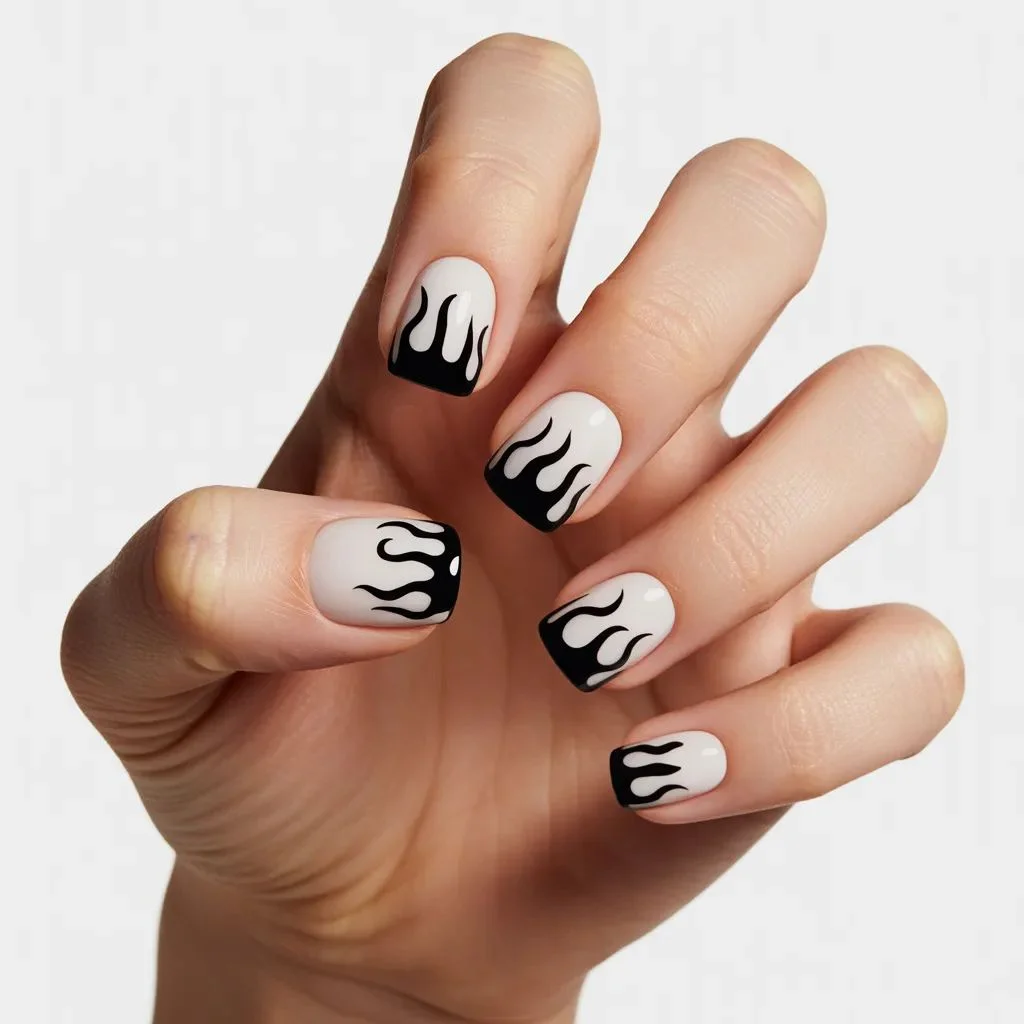 Black and White Flame Nails