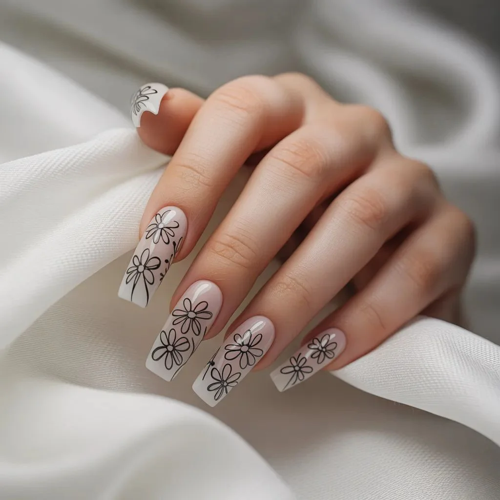 Black and White Floral Nails