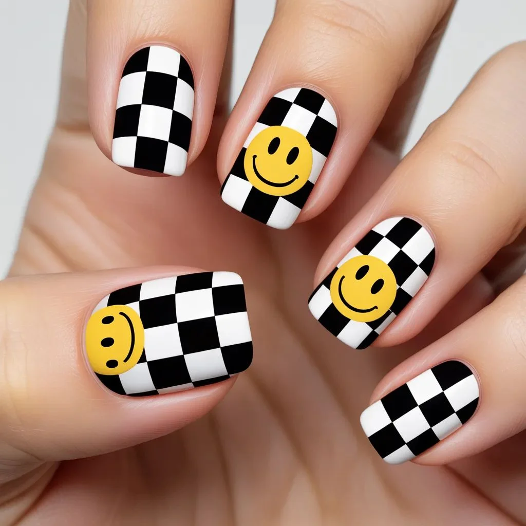 Checkerboard Smiley Face Nails