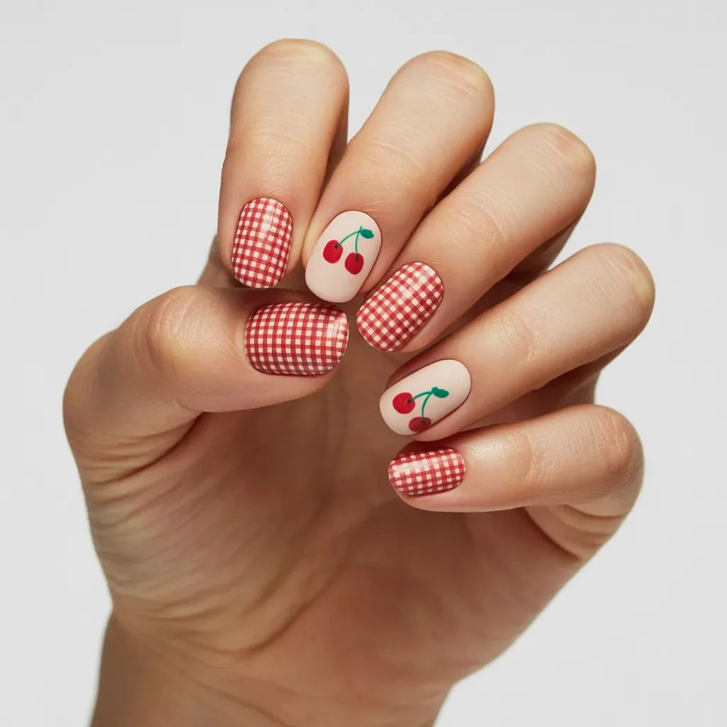 Cherry + Gingham Picnic Nails