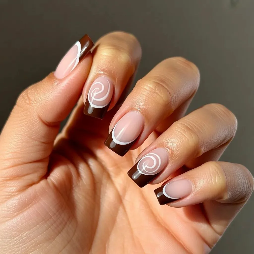 Chocolate Swirl French Tip Nails