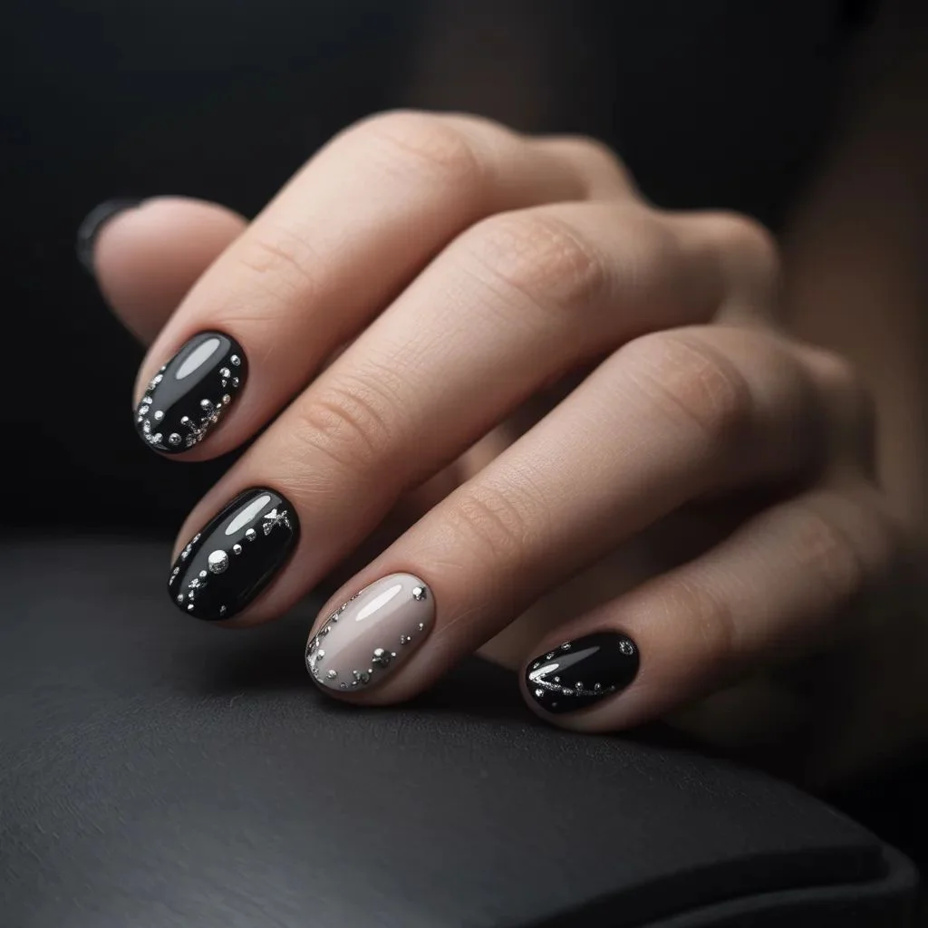 Chrome-Accented Black and White Nails
