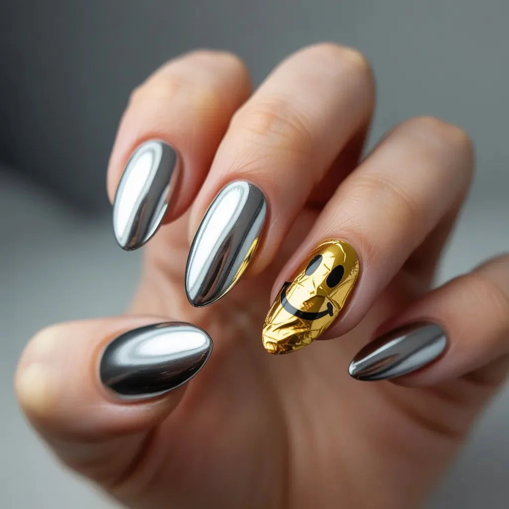 Chrome and Metallic Smiley Nails
