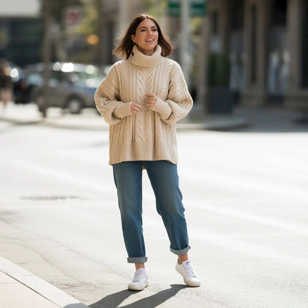 Chunky Turtleneck Sweater + Straight Jeans