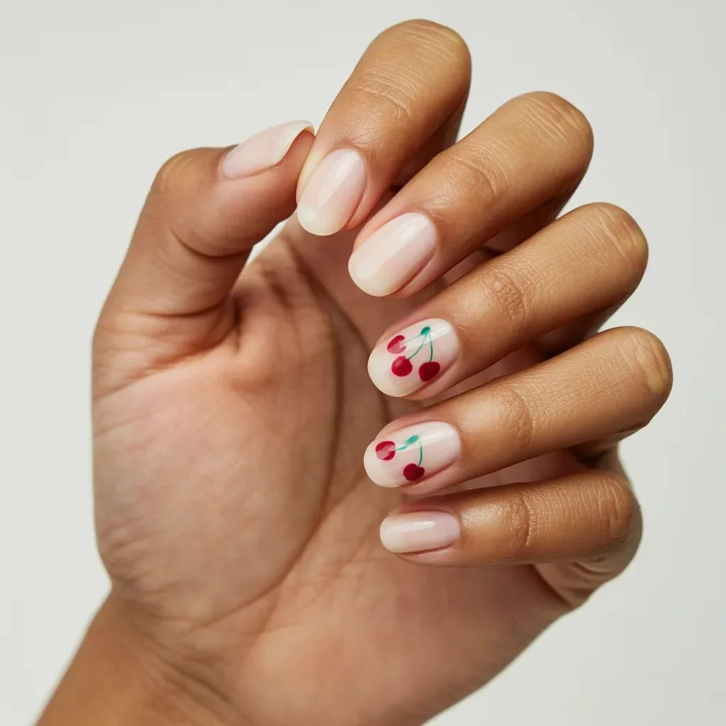 Classic Cherry Nail Art on a Sheer Base