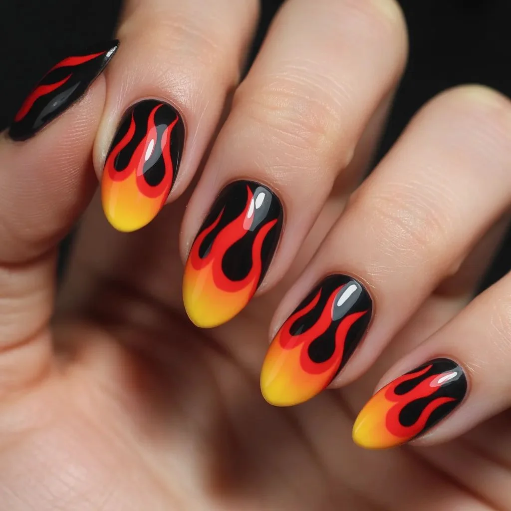 Classic Red and Orange Flame Nails
