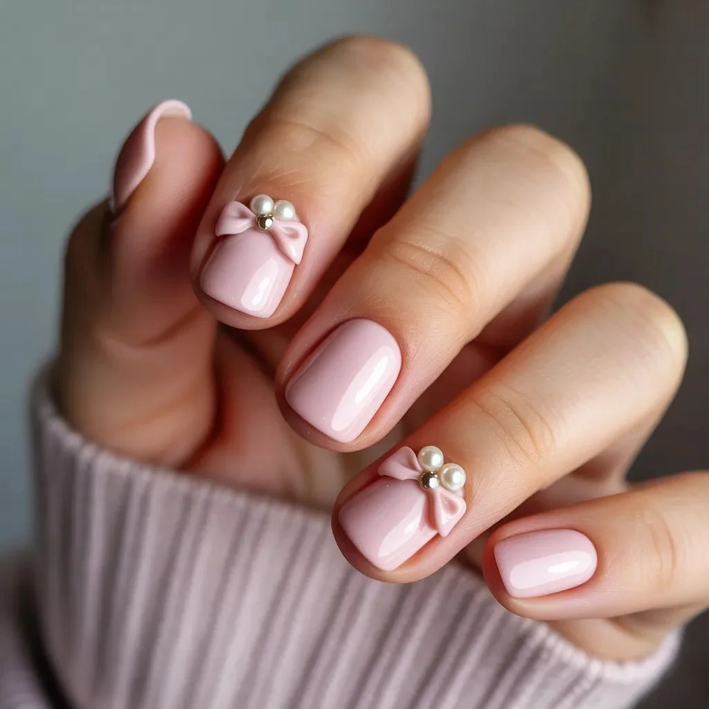 Coquette Pearl and Bow Nails