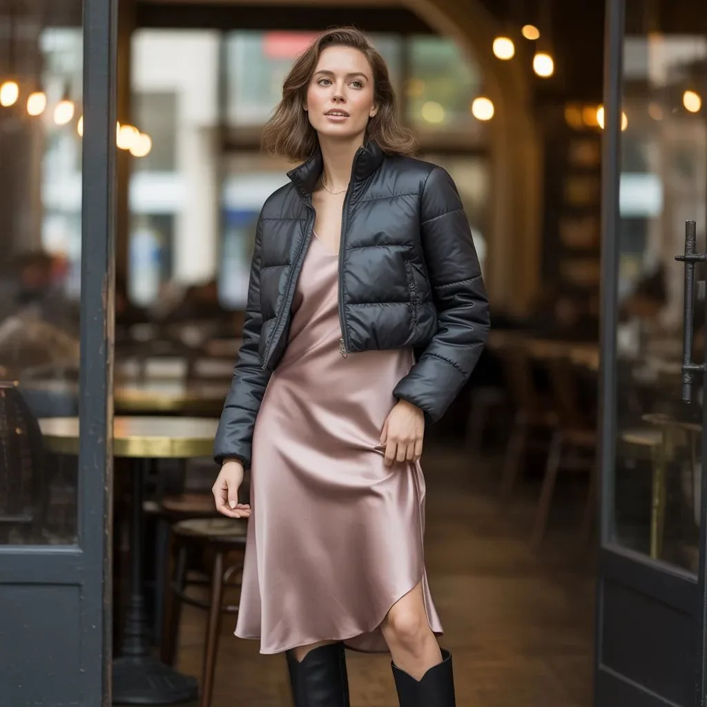 Cropped Puffer Over a Midi Dress or Skirt