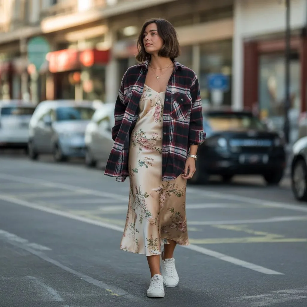 Flannel With a Summer Dress or Slip Skirt