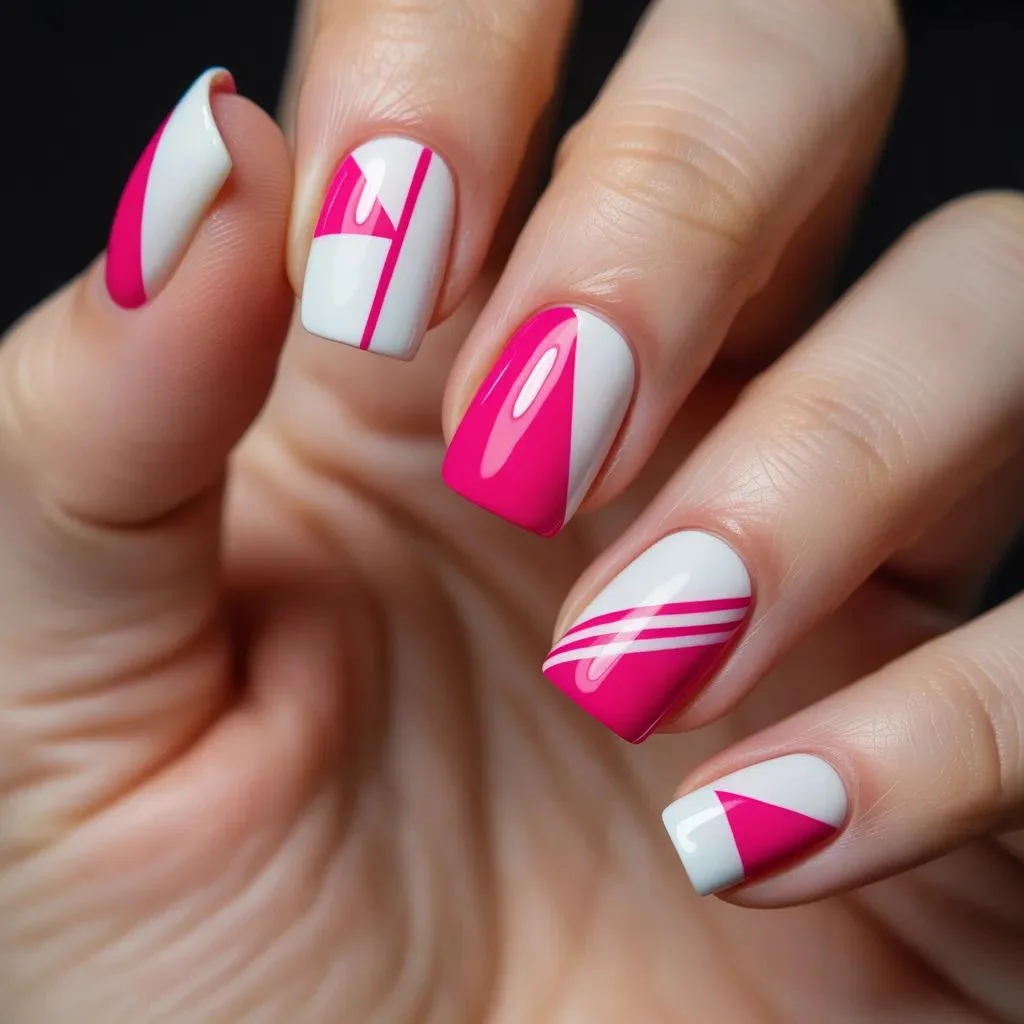Hot Pink and White Geometric Nails