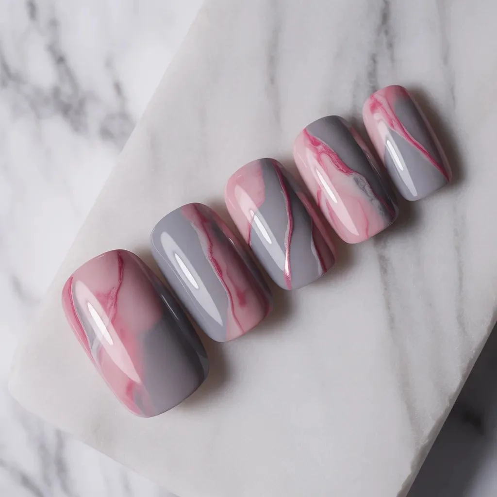 Marble Nails with Pink and Grey Tones