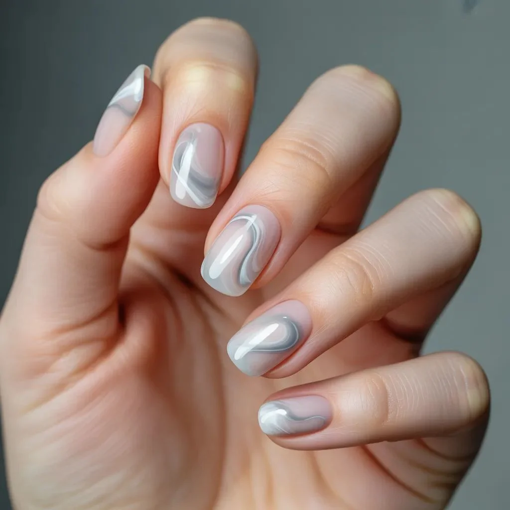 Milky White Cloud Swirl Nails