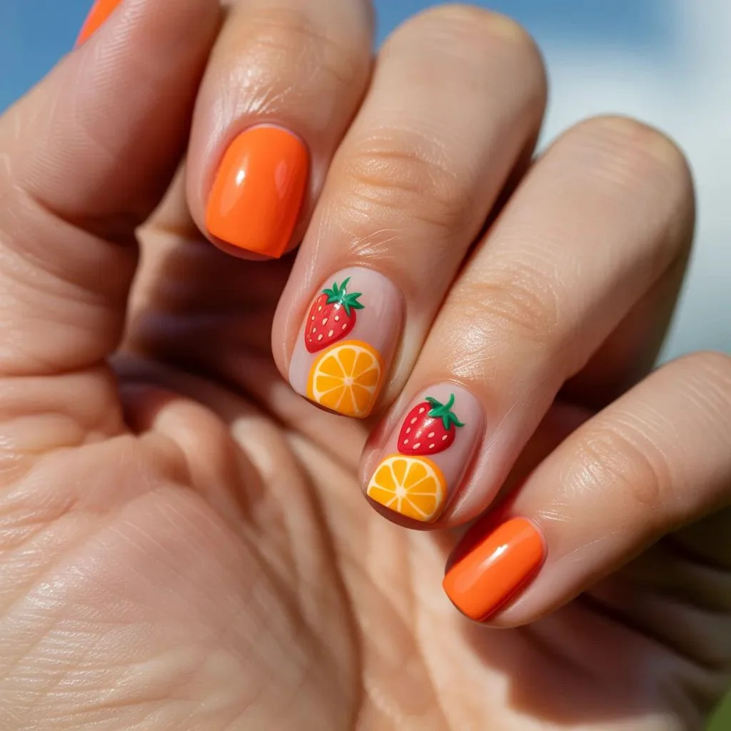 Neon Orange and Fruit Combo Nails