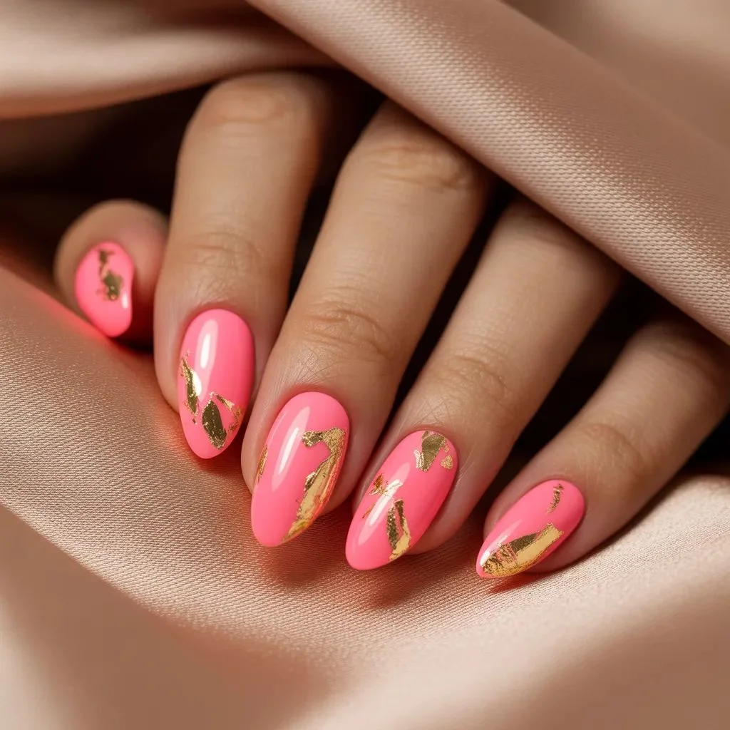 Neon Pink Almond Nails with Gold Foil