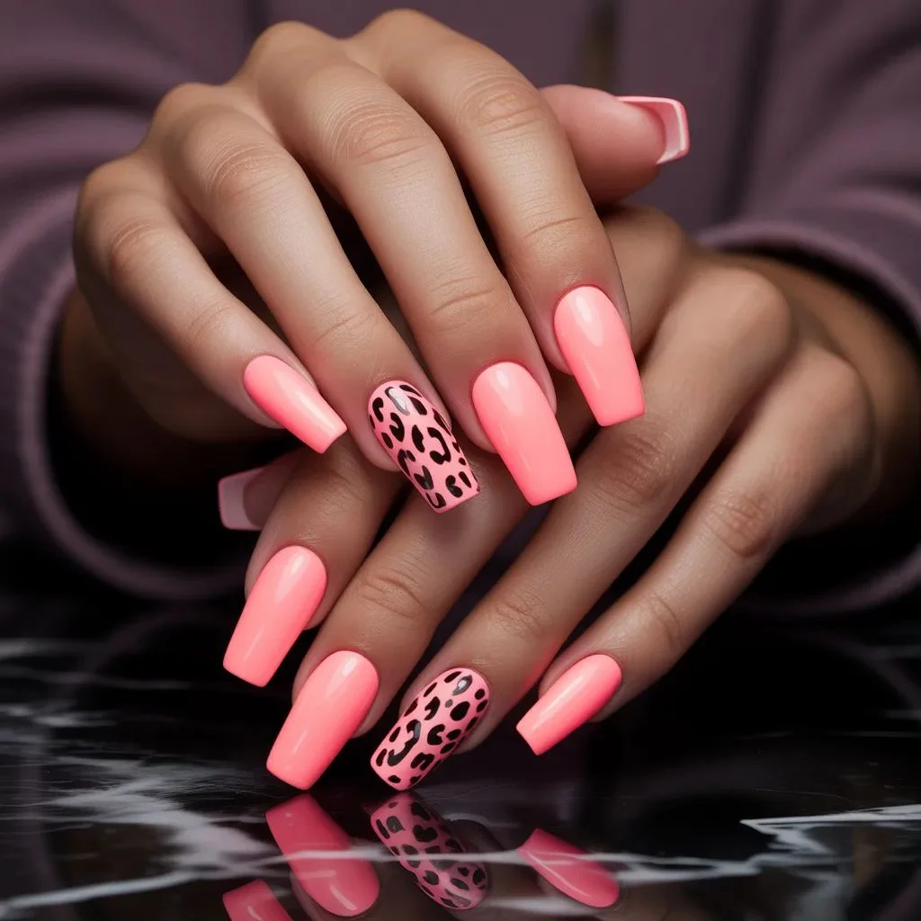 Neon Pink Animal Print Nails