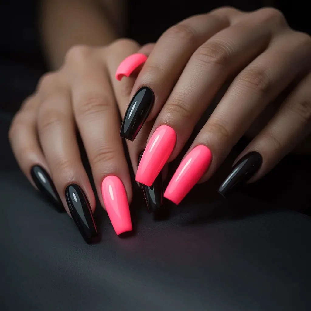 Neon Pink and Black Contrast Nails