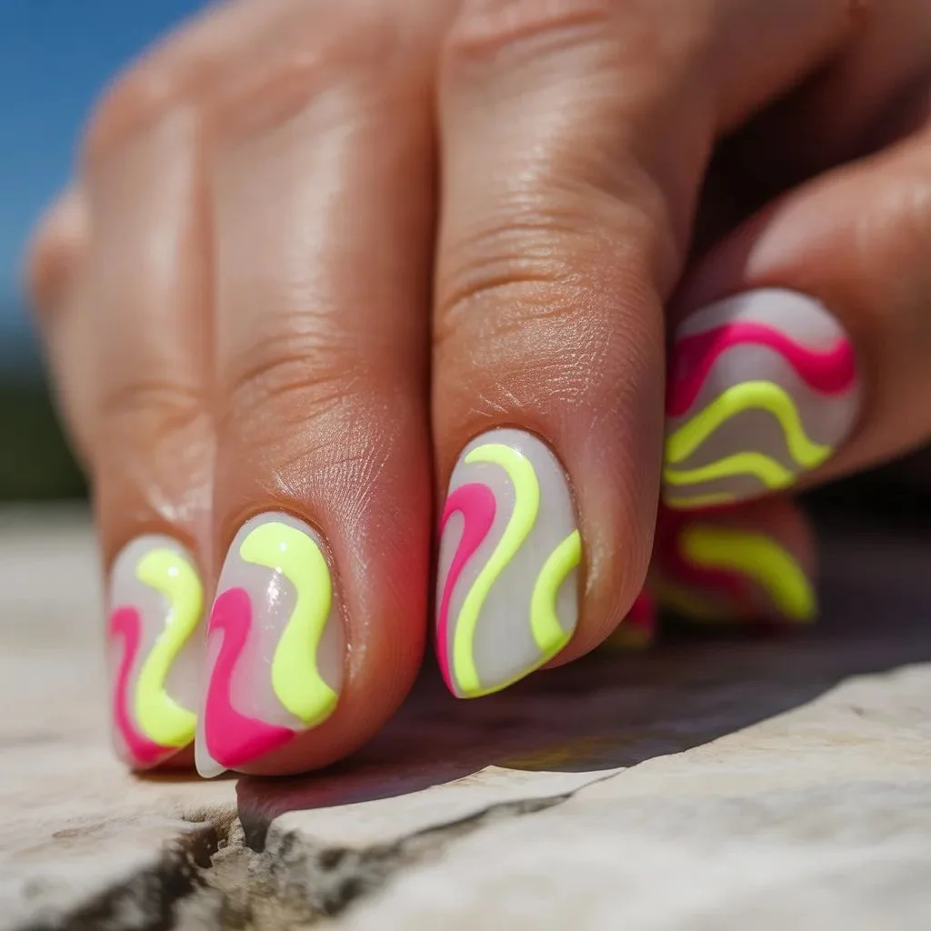 Neon Yellow Abstract Wave Nails
