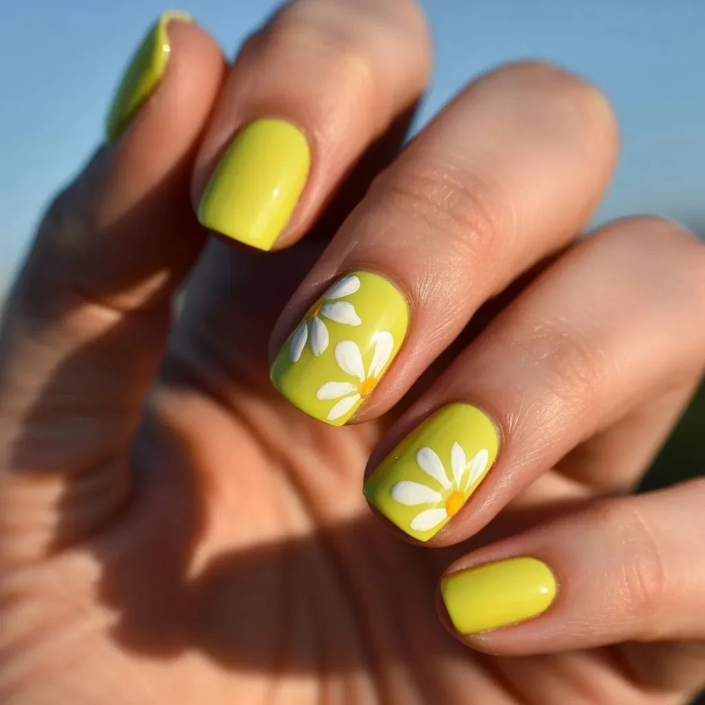 Neon Yellow Floral Accent Nails