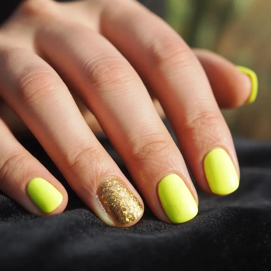 Neon Yellow Glitter Accent Nails