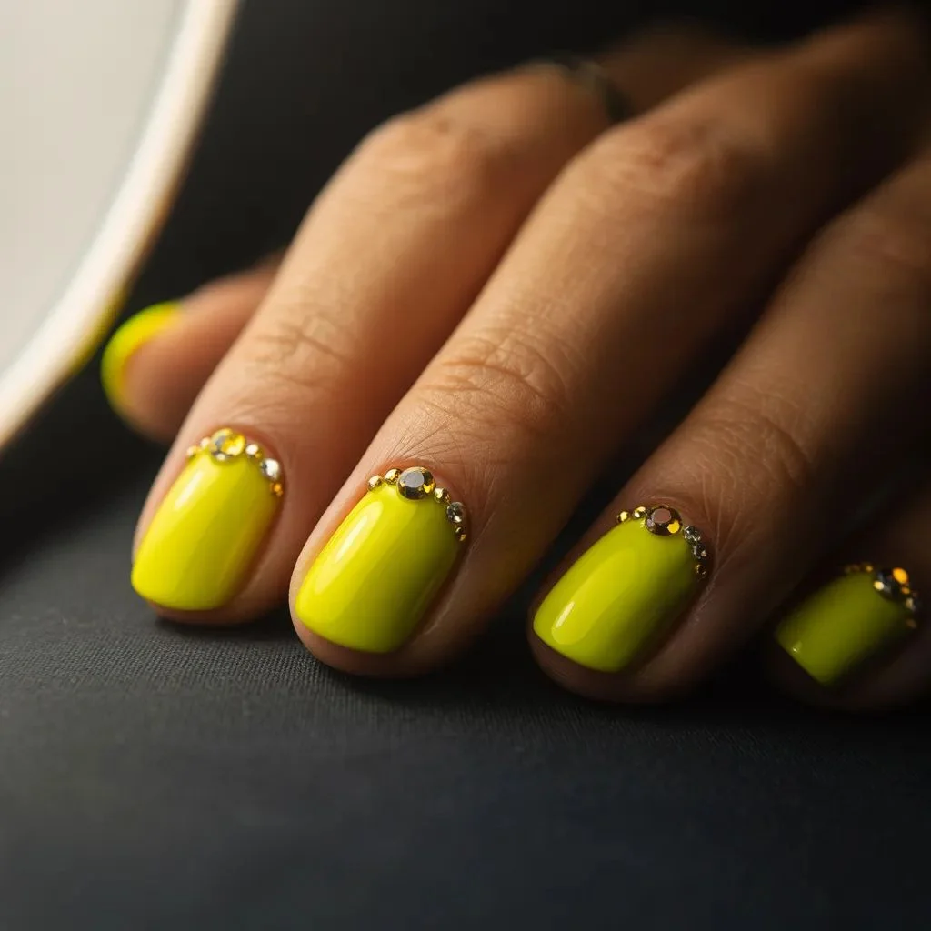 Neon Yellow Rhinestone Nails