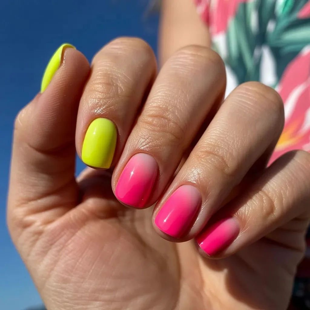 Neon Yellow and Pink Ombré Nails