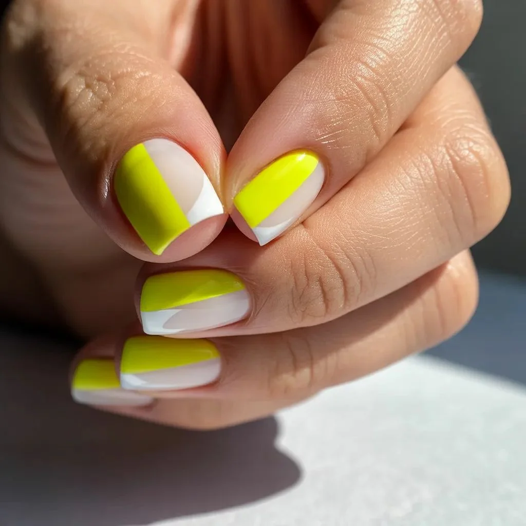 Neon Yellow and White Split Nails