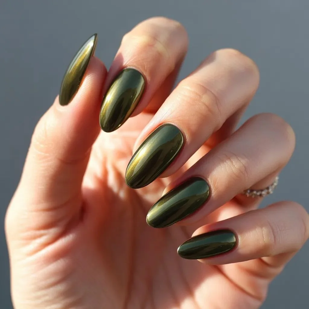 Olive Green Chrome Nails
