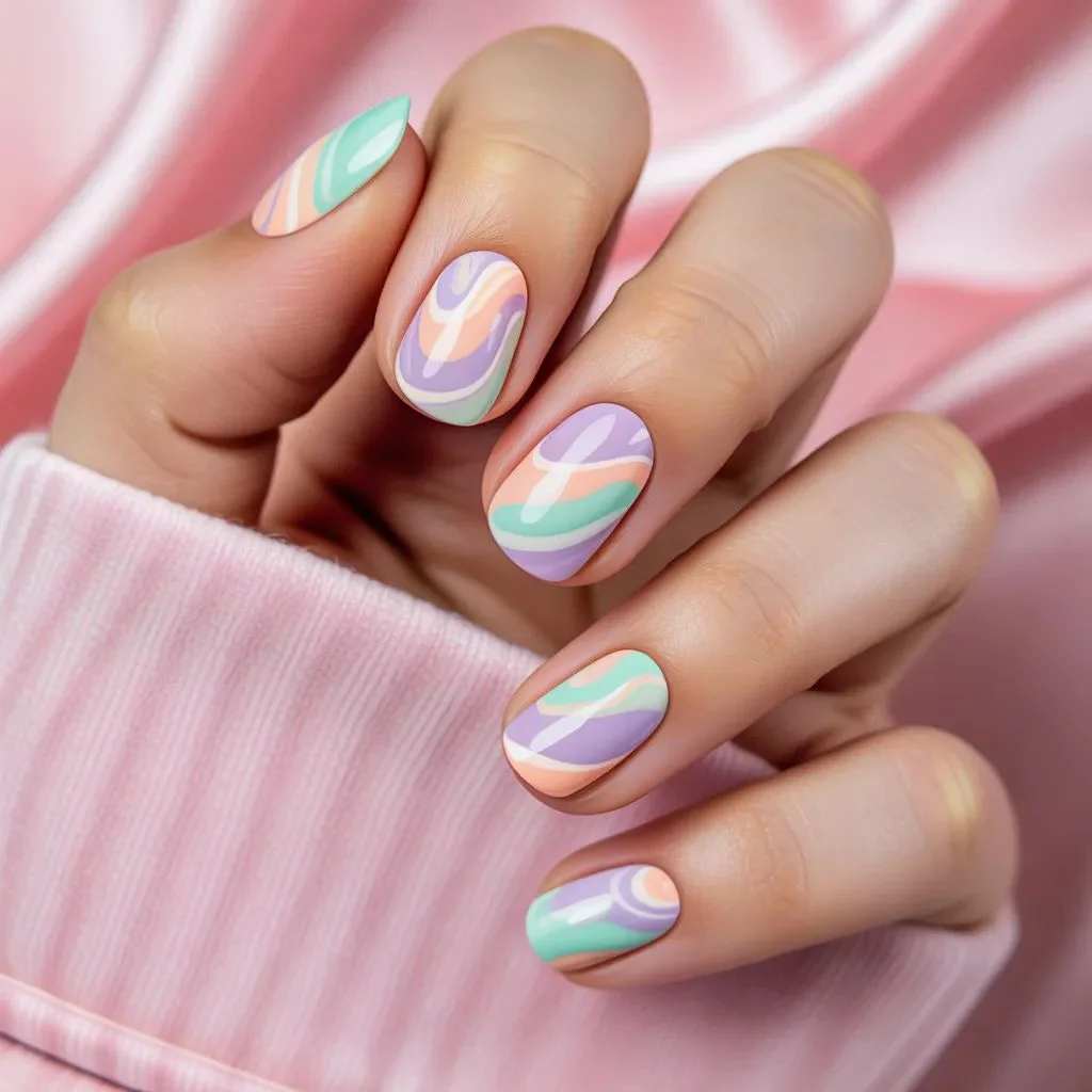 Pastel Rainbow Swirl Nails