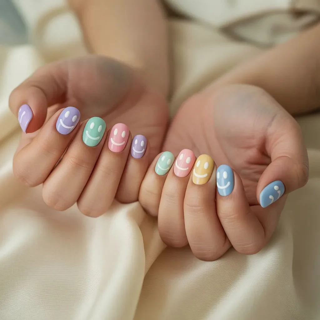 Pastel Smiley Face Nails for Soft Vibes