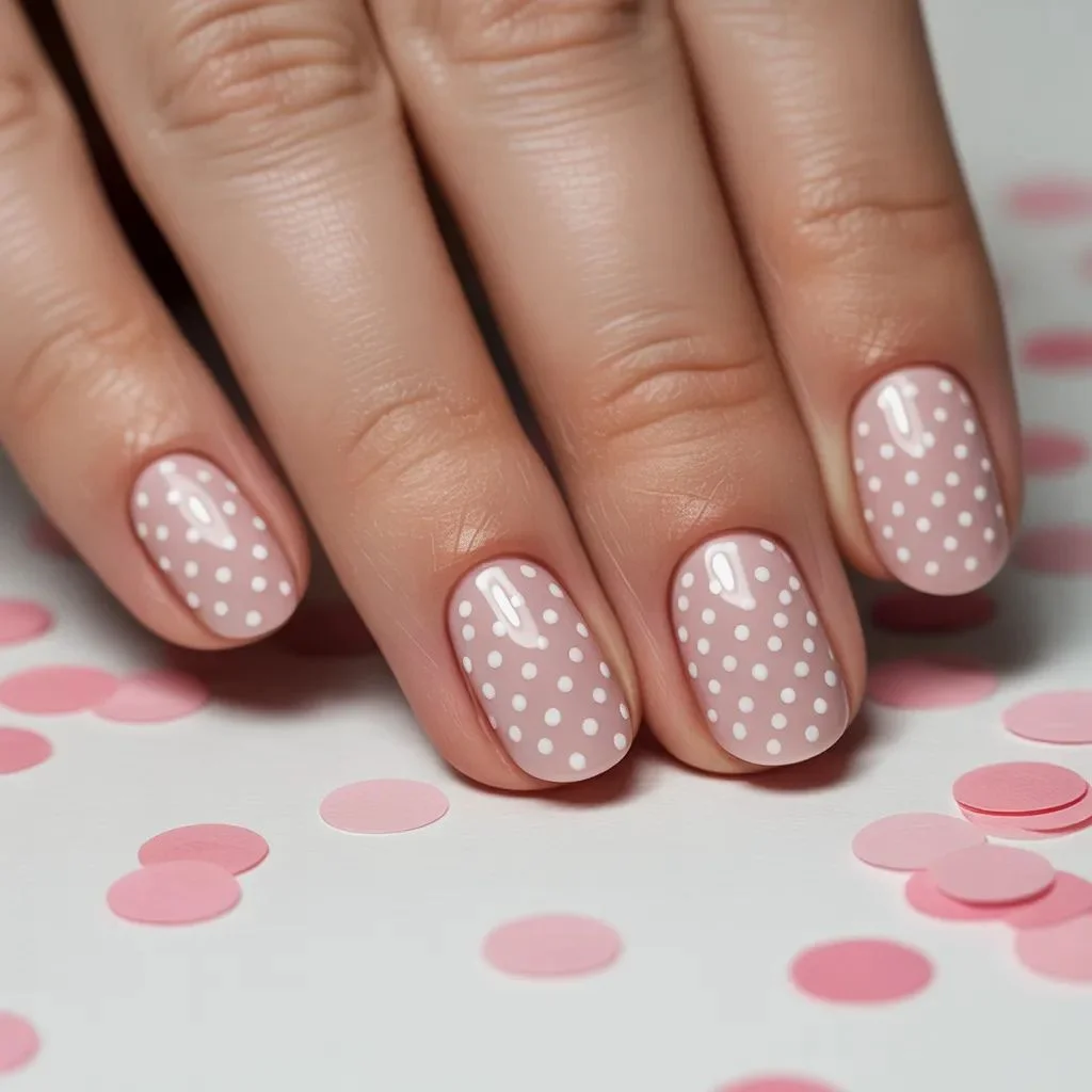 Pink and White Polka Dot Nails