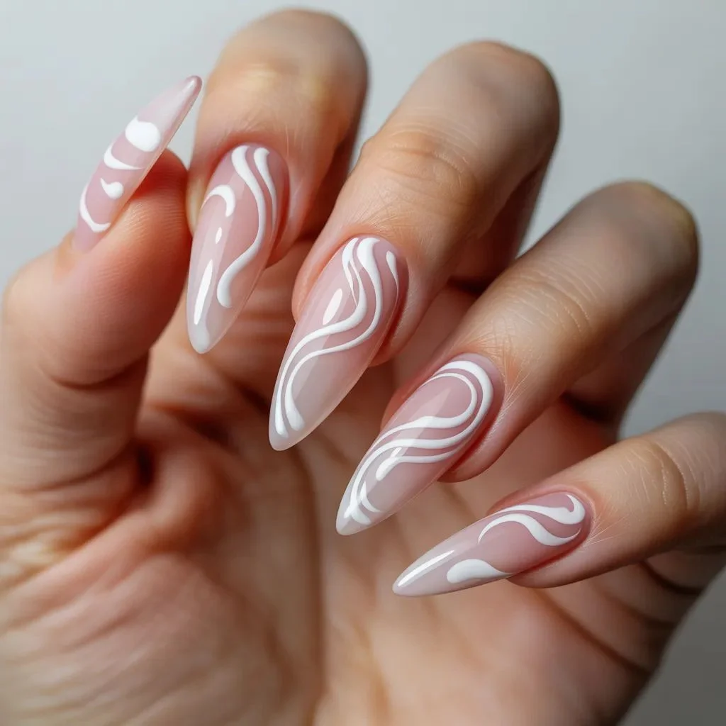Pink and White Swirl Nails