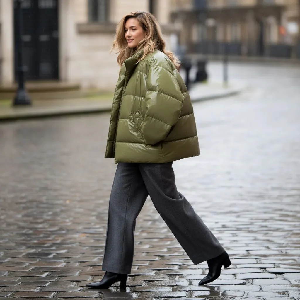 Puffer Jacket with Wide-Leg Trousers and Boots