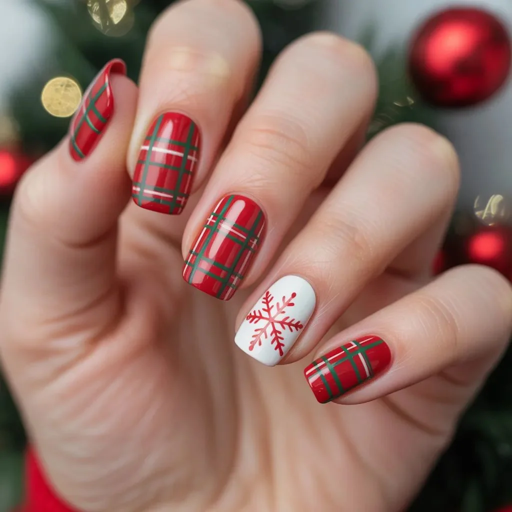 Red Plaid with Snowflake Accent