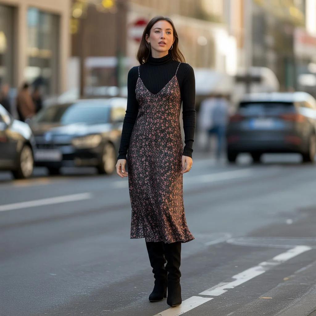 Turtleneck Layered Under a Slip Dress