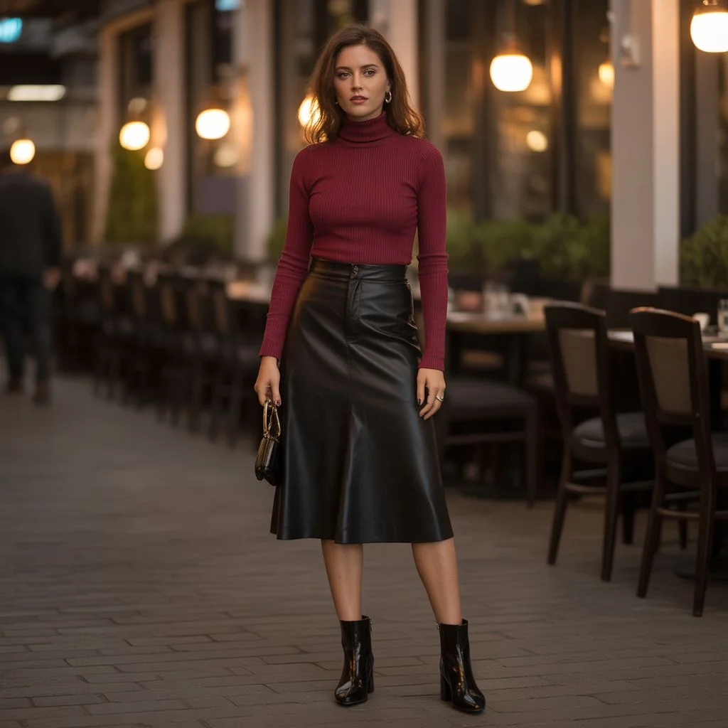 Turtleneck + Leather Skirt for a Night-Out Look
