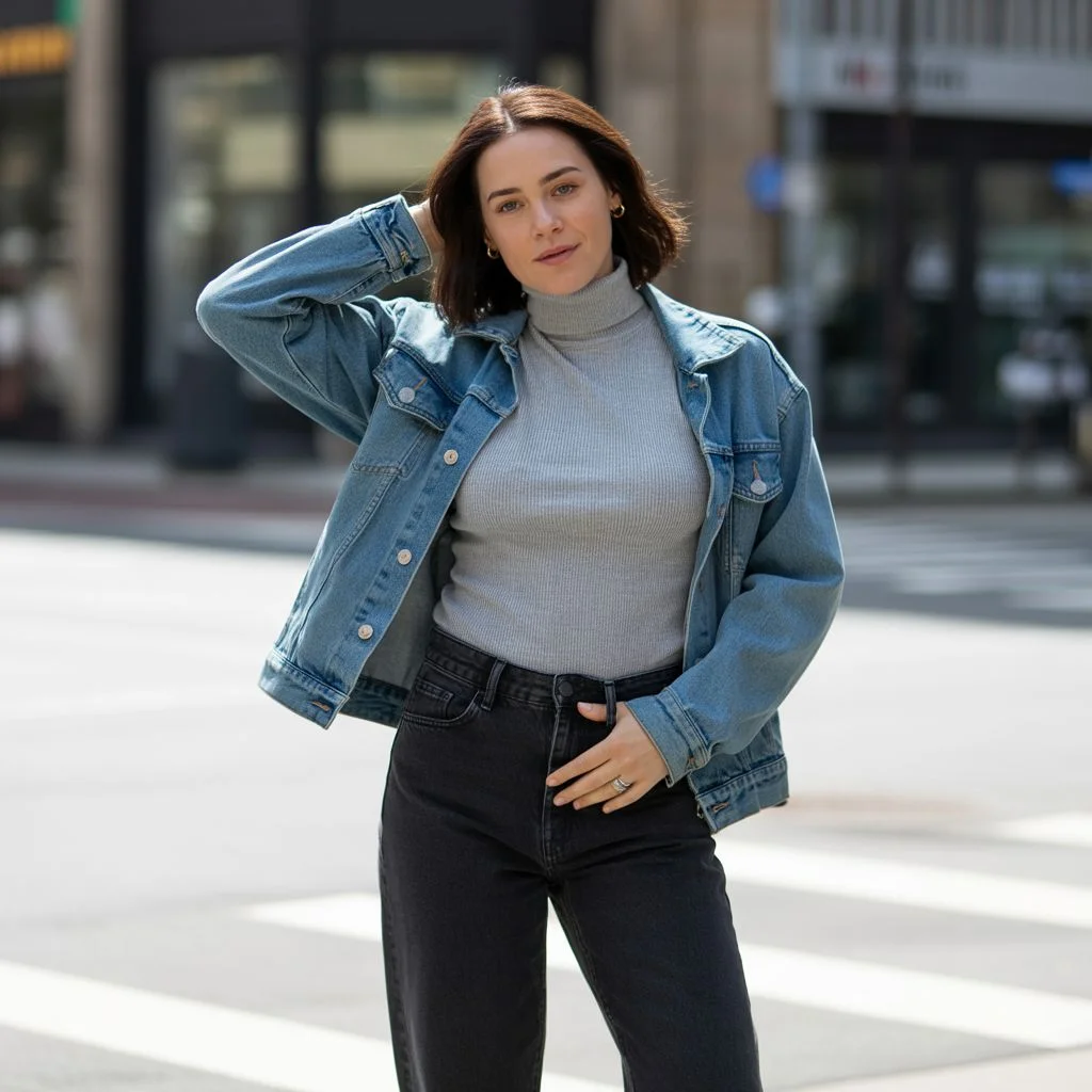 Turtleneck Under a Denim Jacket for Casual Cool