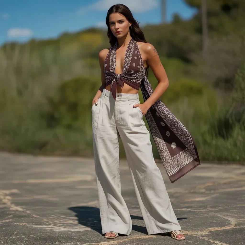 Bandana Halter Top with Wide-Leg Trousers
