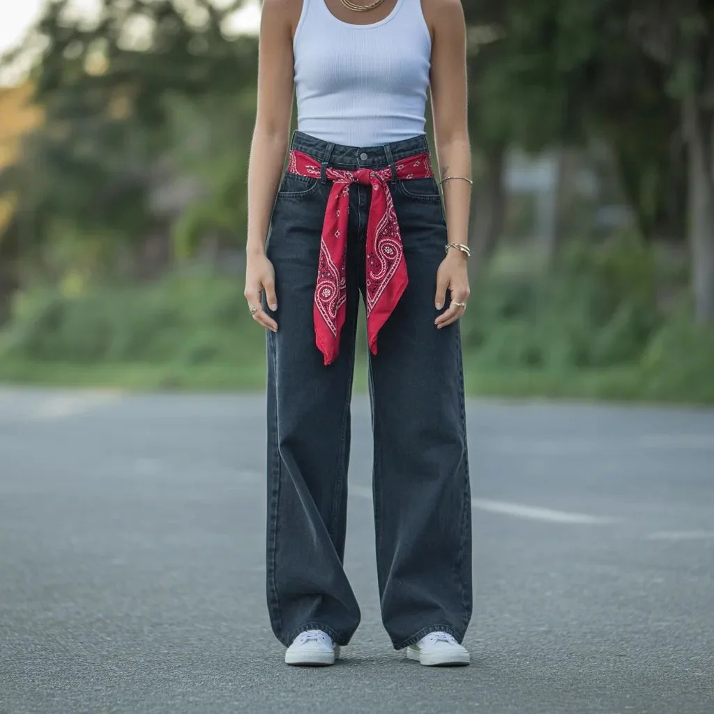 Bandana as a Belt on High-Waisted Jeans