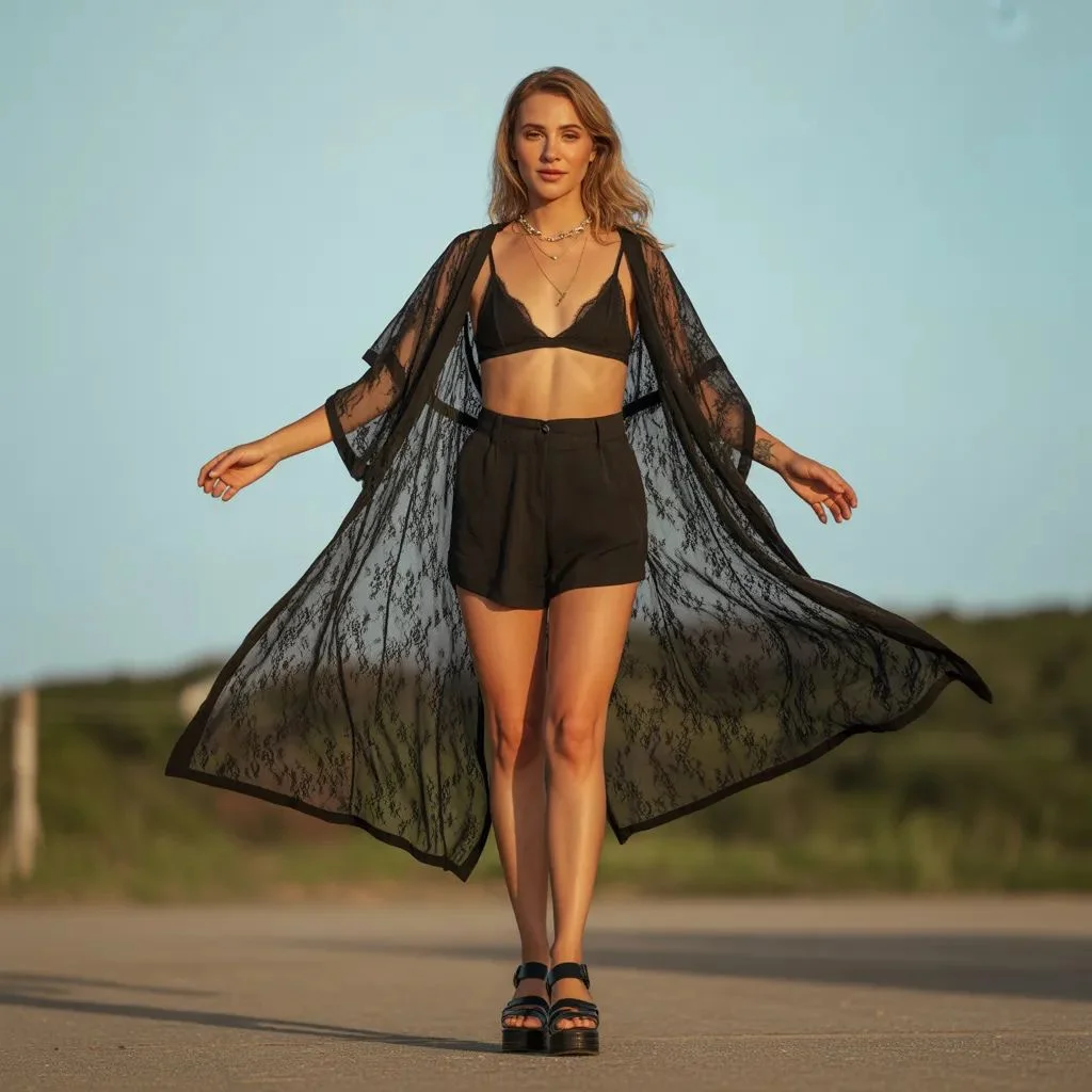 Black Lace Kimono Over Minimal Base