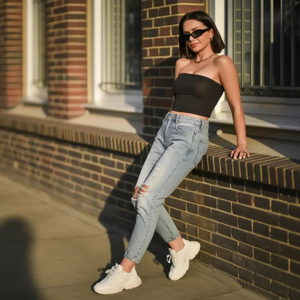 Black Tube Top with Distressed Jeans