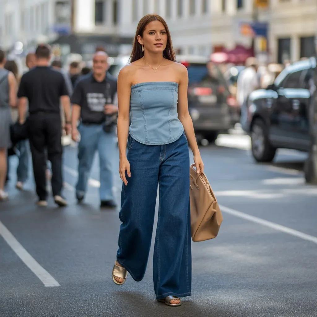 Denim on Denim Tube Top with Wide-Leg Jeans