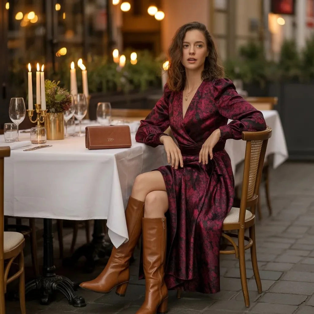 Evening-Ready The Wrap Dress with Knee-High Boots