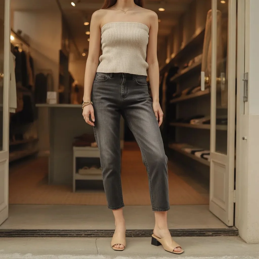 Knit Tube Top with Cropped Jeans and Mules